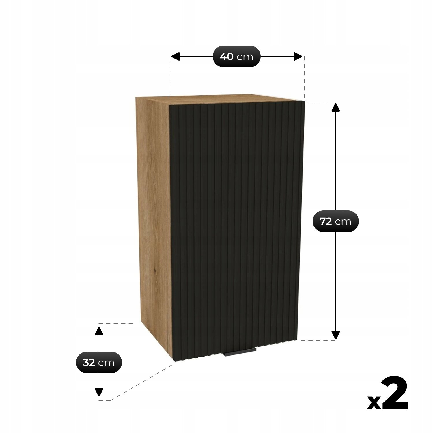 Obraz przedstawia czarną, modułową szafkę kuchenną z drewnianymi bokami. Wymiary szafki to 40 cm szerokości, 72 cm wysokości i 32 cm głębokości, a obok widnieje oznaczenie \'x2\'.