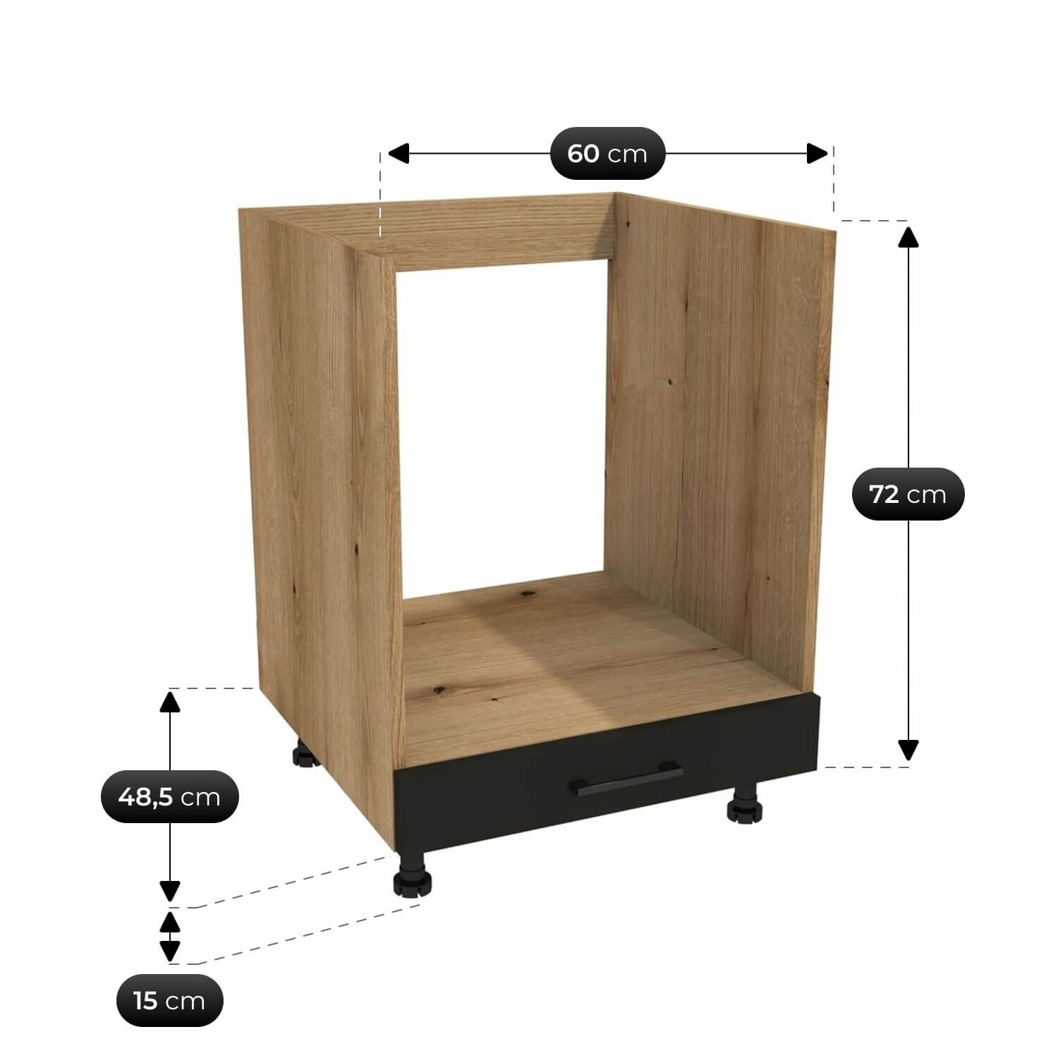Obraz przedstawia modułową szafkę kuchenną w kolorze drewna z czarną podstawą i uchwytem. Wymiary to 60 cm szerokości, 72 cm wysokości, 48,5 cm głębokości oraz 15 cm wysokości podstawy.