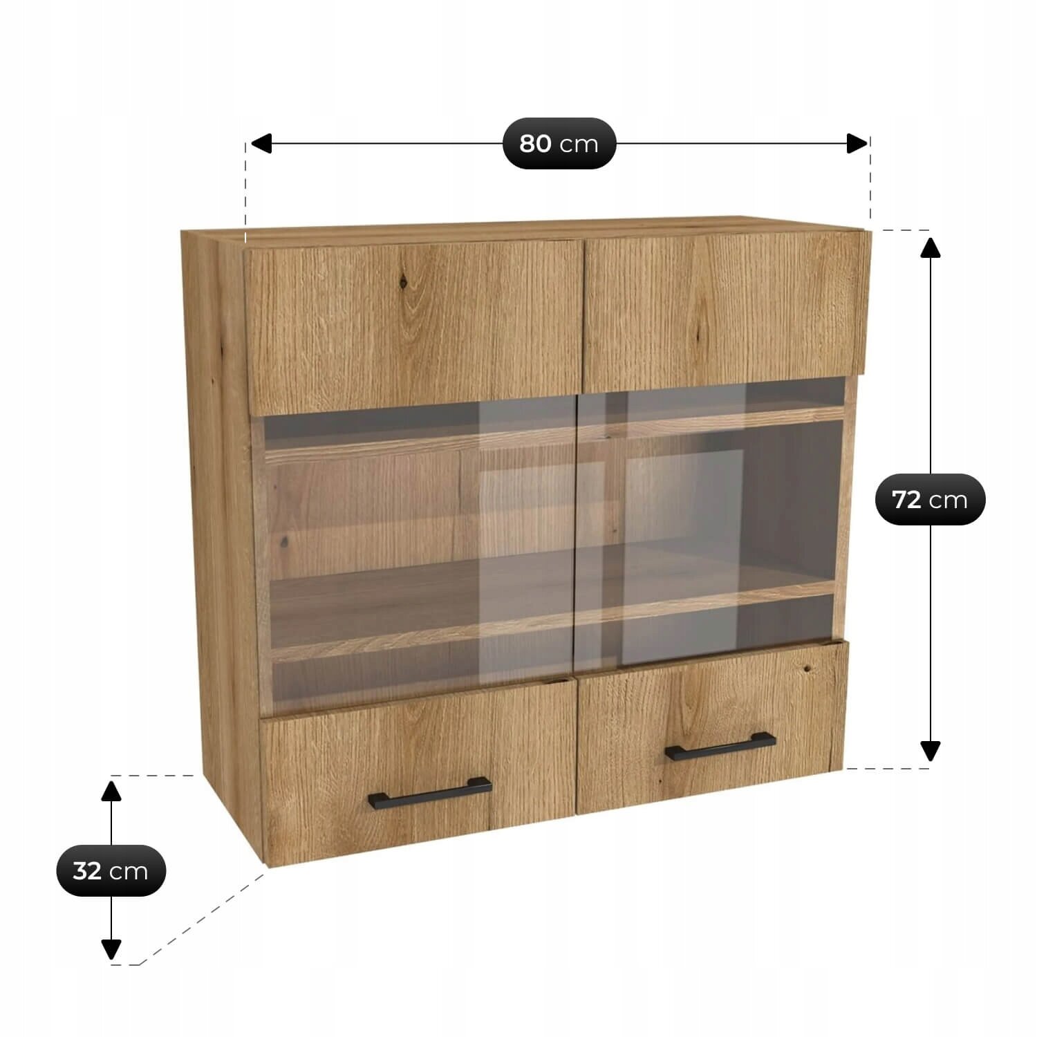 Szafka kuchenna w kolorze dębu z czarnymi uchwytami, posiadająca przeszklone drzwi i wymiary: 80 cm szerokości, 72 cm wysokości i 32 cm głębokości.