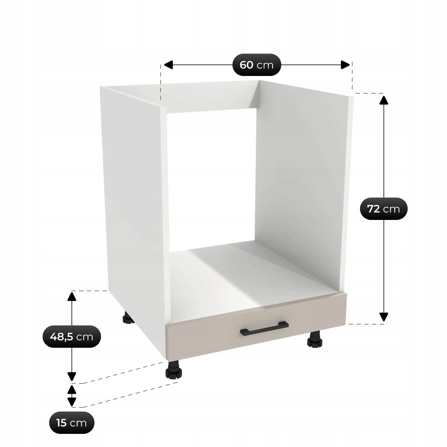Obraz przedstawia biały moduł kuchenny z szufladą na dole, z wymiarami: szerokość 60 cm, wysokość 72 cm, głębokość 48,5 cm, a wysokość nóżek 15 cm.