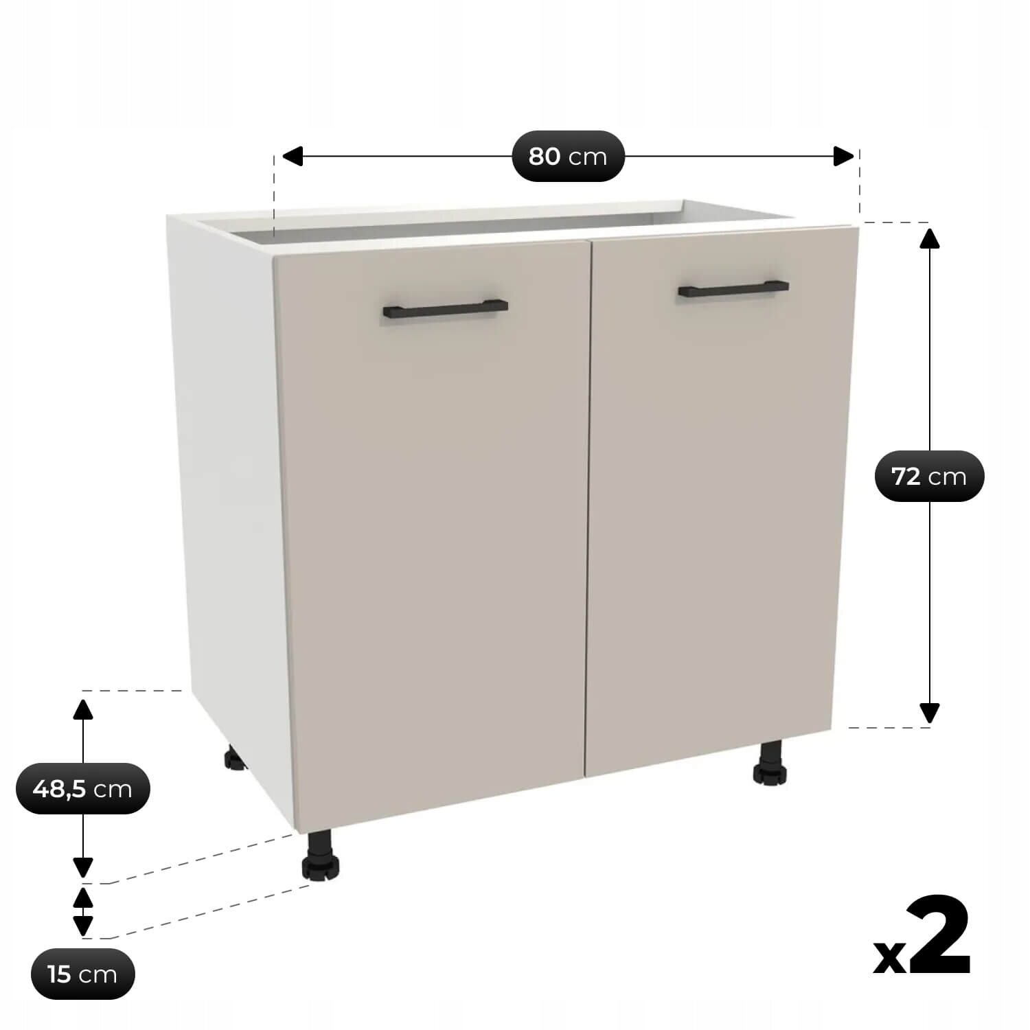 Obraz przedstawia szafkę kuchenną z dwoma drzwiami i czarnymi uchwytami. Wymiary to 80 cm szerokości, 72 cm wysokości, 48,5 cm głębokości oraz 15 cm wysokości nóżek, a zestaw zawiera dwie takie szafki.