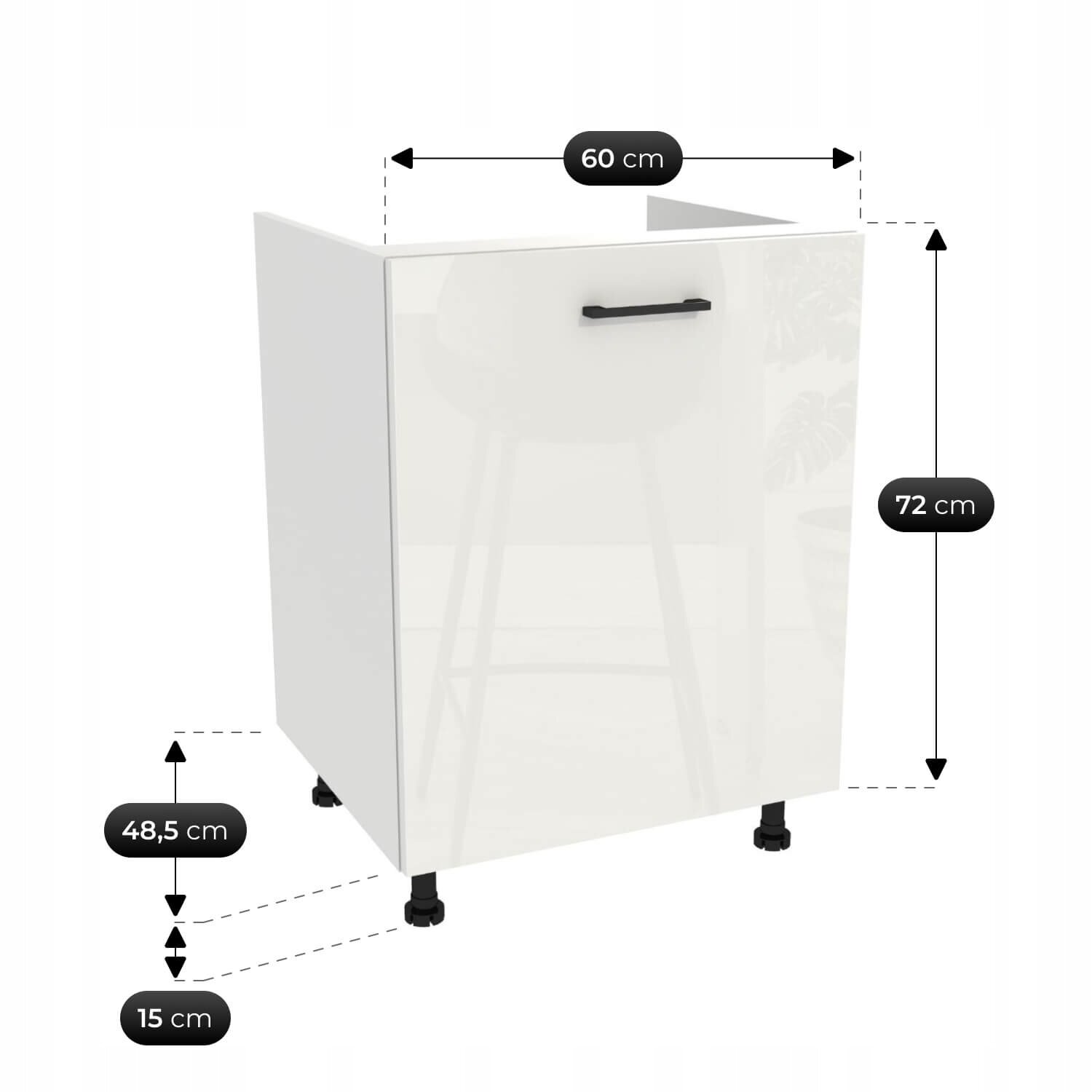 Biała szafka kuchenna z połyskiem, z czarnym uchwytem, o wymiarach 60 cm szerokości, 72 cm wysokości i 48,5 cm głębokości. Szafka stoi na regulowanych nóżkach o wysokości 15 cm.