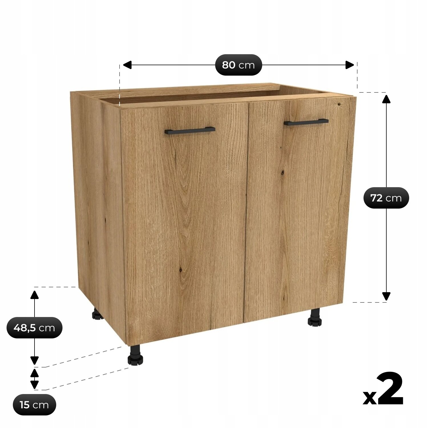 Obraz przedstawia szafkę kuchenną z drewna w kolorze dębu z czarnymi uchwytami, o wymiarach 80 cm szerokości, 72 cm wysokości i 48,5 cm głębokości. Na dole widoczna jest liczba \'x2\'.
