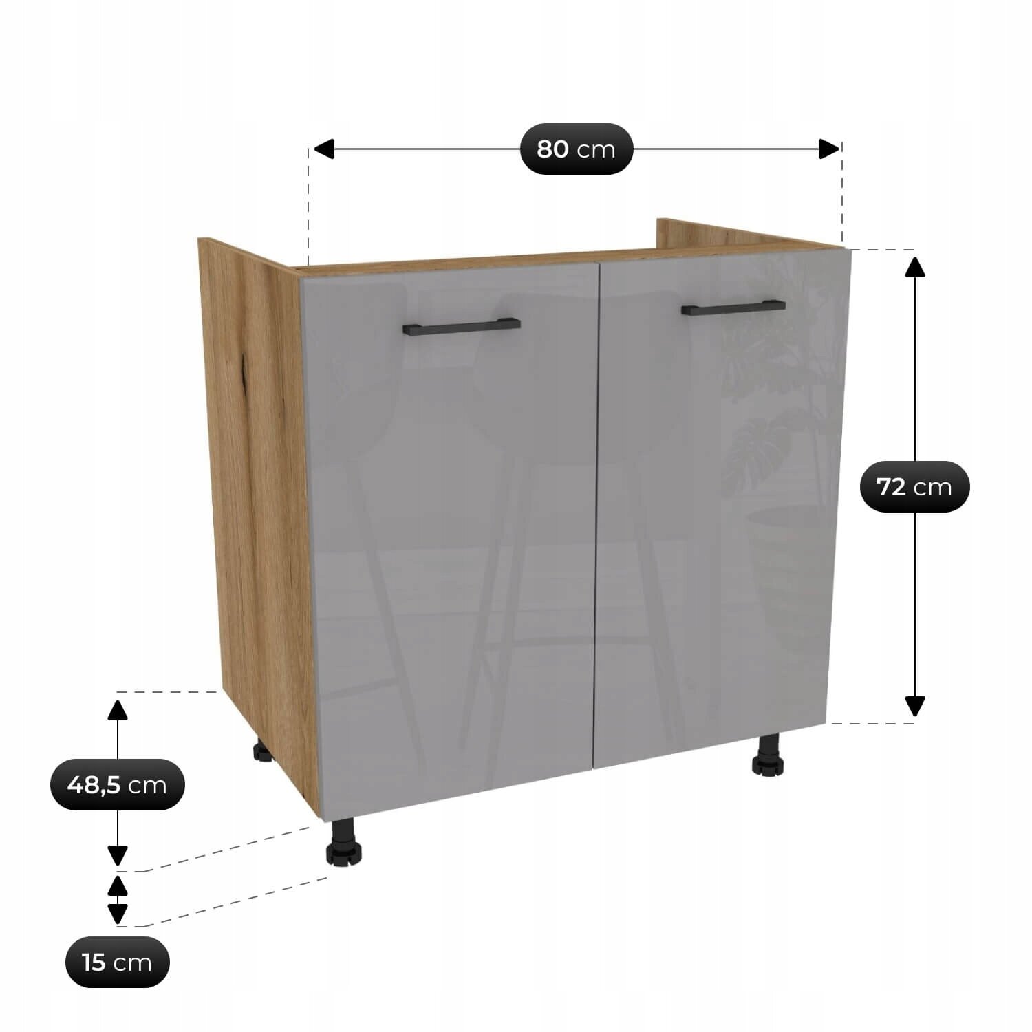 Szafka kuchenna z dwoma drzwiami w kolorze szarego połysku i dębu, z czarnymi uchwytami. Wymiary: szerokość 80 cm, wysokość 72 cm, głębokość 48,5 cm, wysokość nóżek 15 cm.