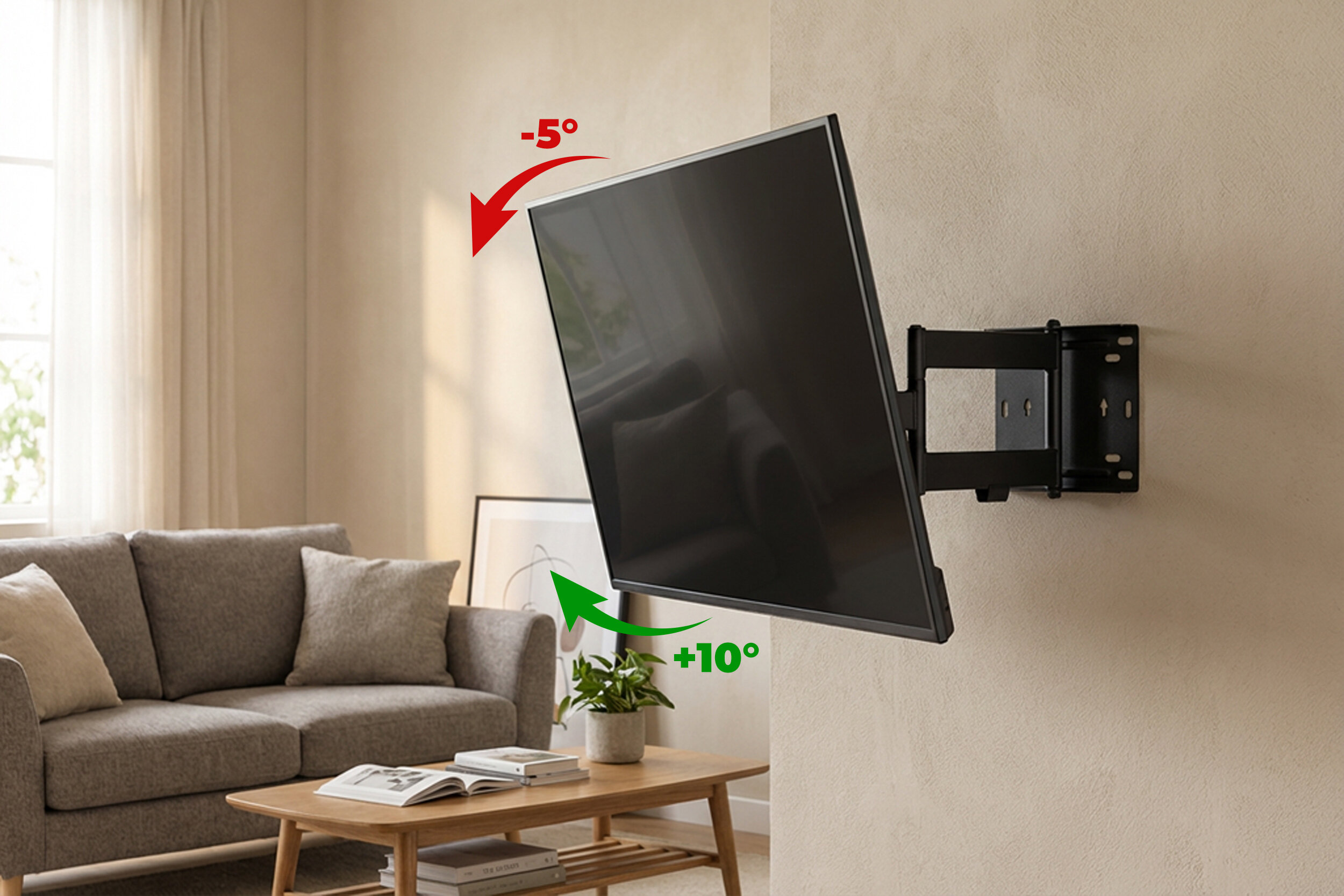 Telewizor zamontowany na ścianie za pomocą czarnego uchwytu, z możliwością regulacji kąta nachylenia od -5° do +10°. W tle widoczny jest salon z sofą, stolikiem i rośliną.