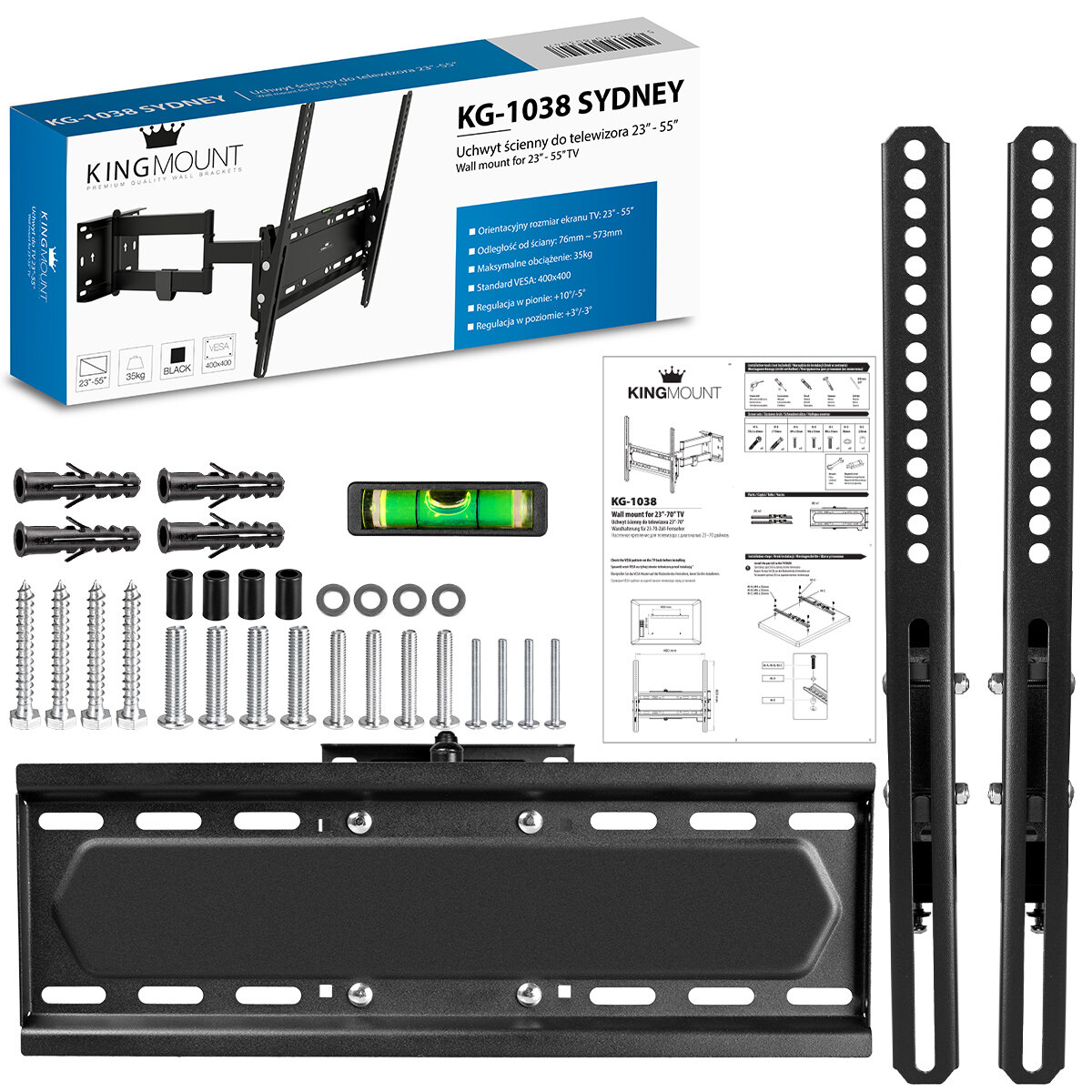 Na obrazie znajduje się zestaw montażowy do uchwytu ściennego KING MOUNT KG-1038 SYDNEY, w tym elementy metalowe, poziomica oraz instrukcja. Opakowanie produktu zawiera informacje o kompatybilności z telewizorami 23-55 cali i regulacji w pionie i poziomie.