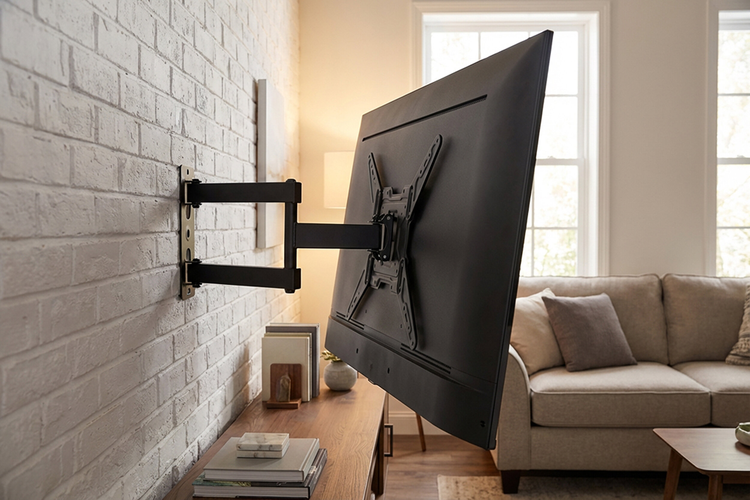Telewizor zamontowany na ścianie za pomocą czarnego uchwytu, który umożliwia regulację w pionie i poziomie. W tle widoczny jest jasny salon z sofą i dużymi oknami.