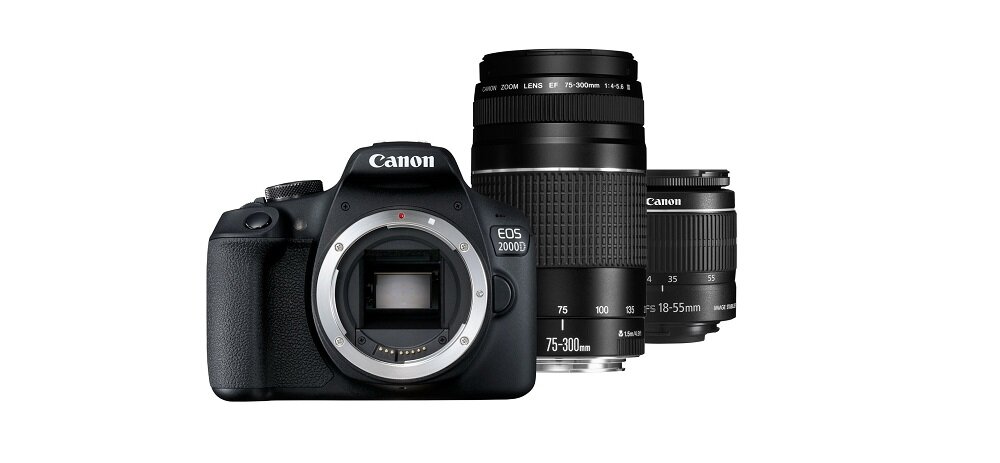 Aparat CANON EOS 2000D + Obiektyw 18-55mm + Obiektyw 75-300mm widok front