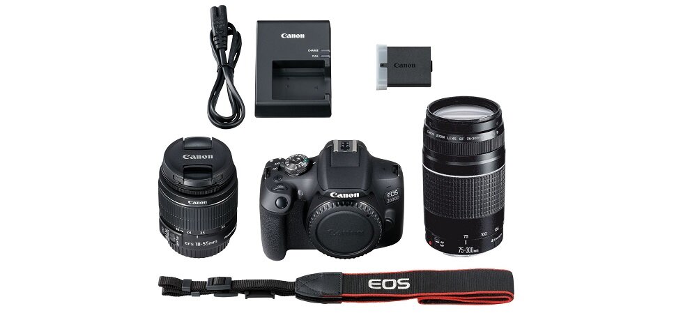 Aparat CANON EOS 2000D + Obiektyw 18-55mm + Obiektyw 75-300mm widok zestaw
