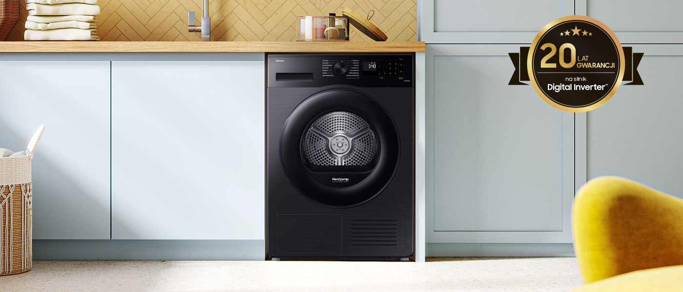 Czarna suszarka OptimalDry marki Samsung w miętowej pralni Czarna suszarka OptimalDry DV90CGC2A0AB marki Samsung z Media Expert w miętowej pralni