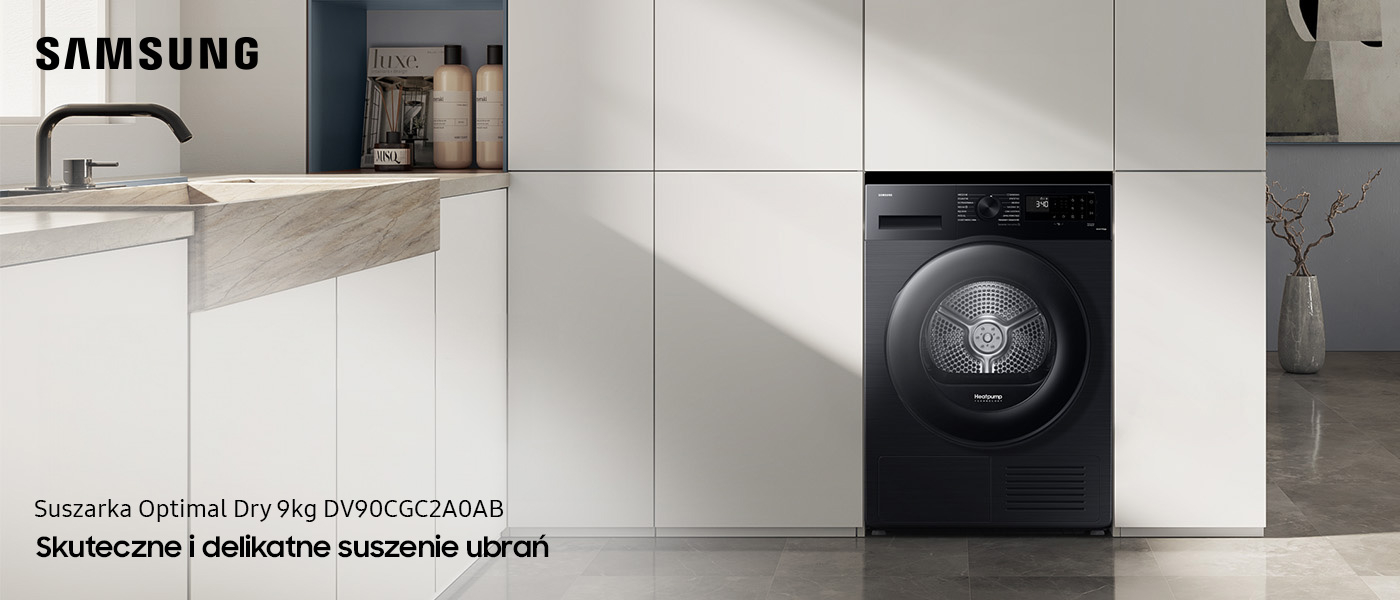 Czarna suszarka OptimalDry marki Samsung z Media Expert w pralni Czarna suszarka OptimalDry DV90CGC2A0AB marki Samsung z Media Expert w pralni