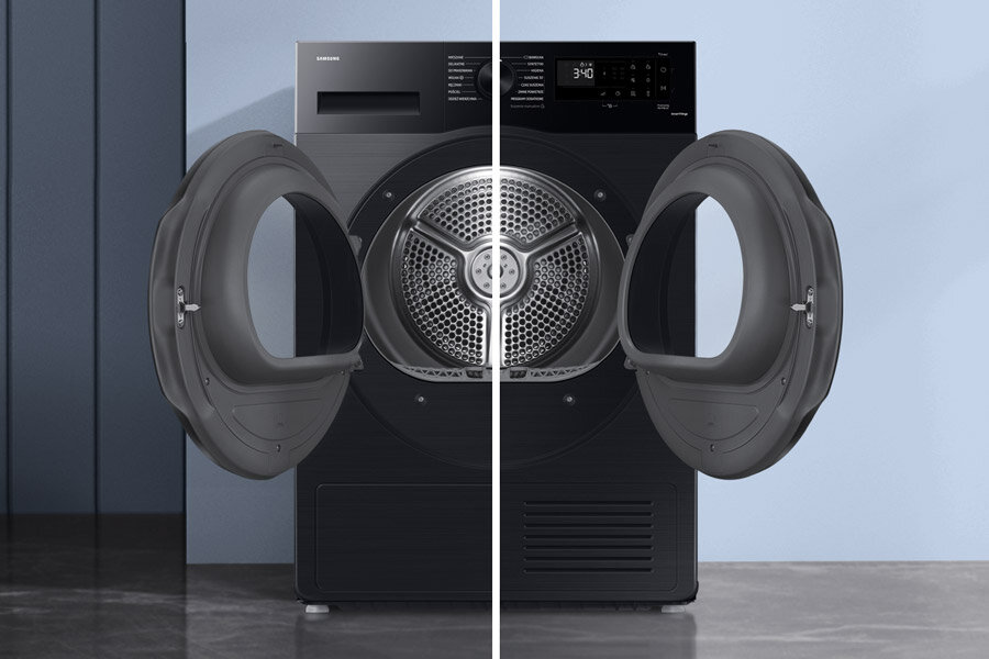 Podwójne drzwi w czarnej suszarce OptimalDry DV90CGC2A0AB marki Samsung z Media Expert