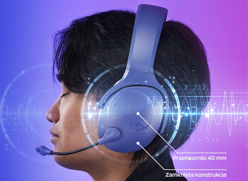 Słuchawki HYPERX Cloud Jet 40 mm przetworniki zamknięta konstrukcja, osoba z założonymi słuchawkami nausznymi