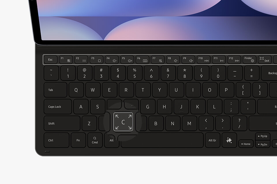 Widok z przodu etui Book Cover Keyboard Slim z wyróżnionymi klawiszami funkcyjnymi. Jeden klawisz jest wyróżniony, aby podkreślić duży rozmiar klawisza.