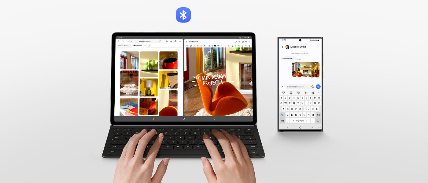 Osoba korzysta z Galaxy Tab S9 z etui Book Cover Keyboard Slim. Ekran podzielony jest na dwa okna z kilkoma wynikami wyszukiwania obrazów mebli domowych w sieci i jednym z edytowanych obrazów. Smartfon Galaxy z obrazem na ekranie podczas pisania liter za pomocą klawiatury okładki. Pokazane jest logo Bluetooth. Osoba korzysta z Galaxy Tab S9 z etui Book Cover Keyboard Slim. Ekran podzielony jest na dwa okna z kilkoma wynikami wyszukiwania obrazów mebli domowych w sieci i jednym z edytowanych obrazów. Smartfon Galaxy z obrazem na ekranie podczas pisania liter za pomocą klawiatury okładki. Pokazane jest logo Bluetooth.
