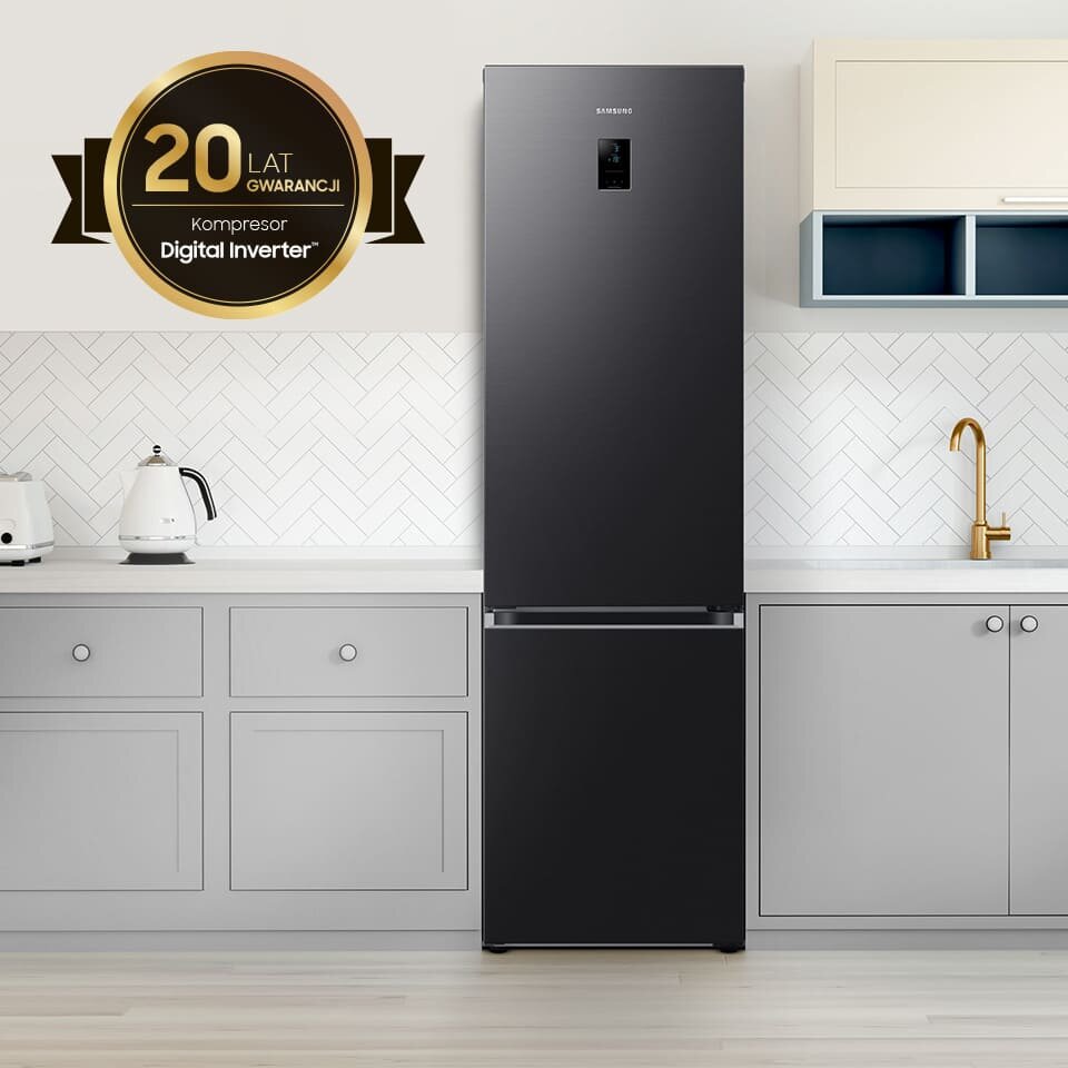 Zdjęcie lodówki Samsung RB38C774DB1 wraz z informacją o 20-letniej gwarancji na kompresor Digital Inverter Zdjęcie lodówki Samsung RB38C774DB1 wraz z informacją o 20-letniej gwarancji na kompresor Digital Inverter