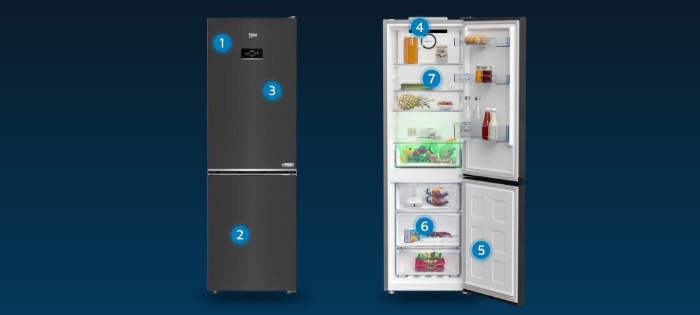 LODÓWKA BEKO B3RCNA364HXBR wizualizacja wnętrze wyposażenie punkty cechy Wyświetlacz elektroniczny Minimalistyczny design test wytrzymałościowy Oświetlenie LED Alarm dźwiękowy szuflady mrożenia półka na butelki