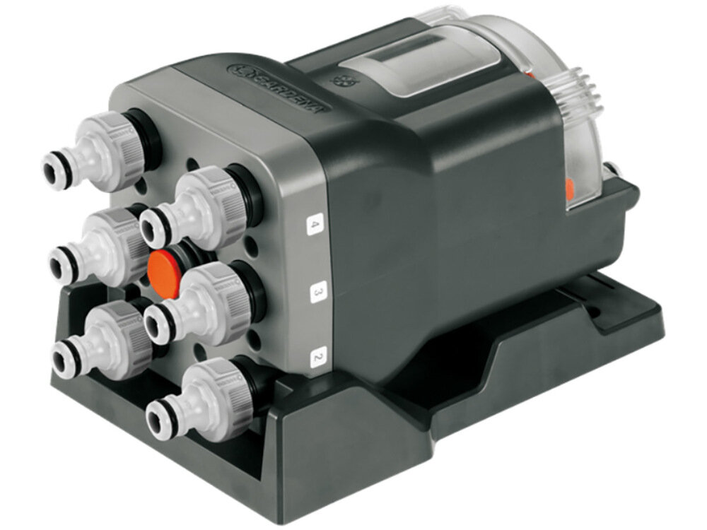 Automatyczny dzielnik wody GARDENA 1197-29 proste w obsłudze urządzenie współpracuje ze sterownikiem nawadniania GARDENA C1060 jednoczesne nawadnianie kilku różnych obszarów ogrodu w ściśle przyjętej kolejności