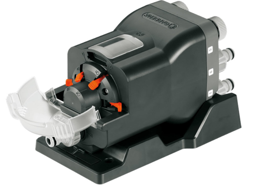 Automatyczny dzielnik wody GARDENA 1197-29 część zautomatyzowanego systemem nawadniającego na bieżąco konfiguracja czujniki analizujący nawadnianie sterownik moduł Bluetooth dostępne osobno