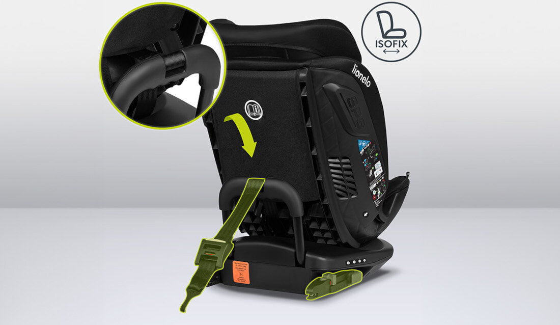 Fotelik samochodowy LIONELO Bastiaan RWF I-Size (0-36 kg) Czarny Systemy bezpieczeństwa system ISOFIX pas Top Tether tylem do kierunku jazy pozycja RWF wzrost akres ustawienie