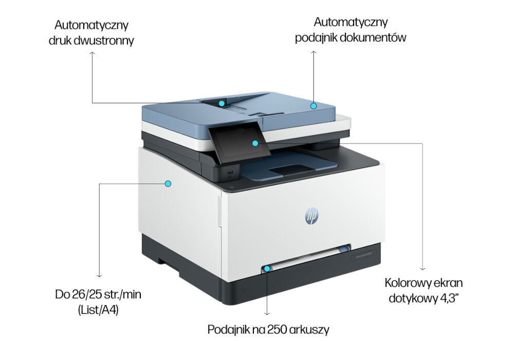 Urządzenie wielofunkcyjne HP Color LaserJet Pro 3302fdn Druk w kolorze, Automatyczny druk dwustronny przejrzysty panel sterowania z kolorowym ekranem dotykowym 4,3 cala intuicyjne skróty zarządzanie za pomocą urządzeń mobilnych