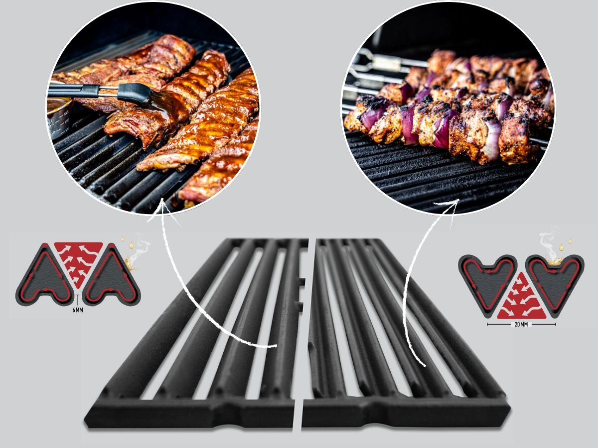 Obraz przedstawia grillowane żeberka i szaszłyki na ruszcie. W dolnej części widoczne są przekroje rusztów z oznaczeniami 6MM i 20MM.