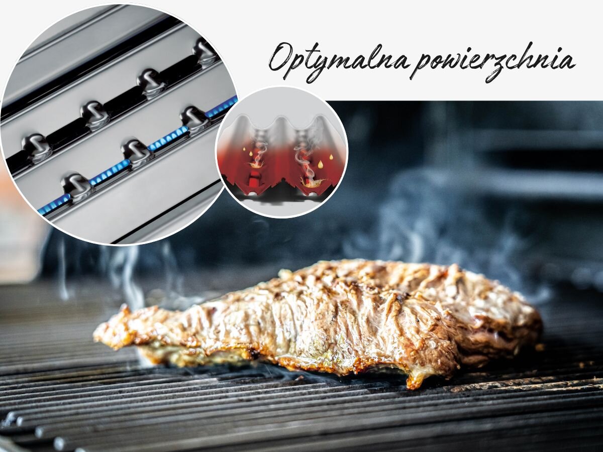Na obrazie widoczny jest grillowany kawałek mięsa na ruszcie, z dymem unoszącym się wokół. W górnej części obrazu znajduje się napis \'Optymalna powierzchnia\' oraz dwa okrągłe zbliżenia na elementy grilla.