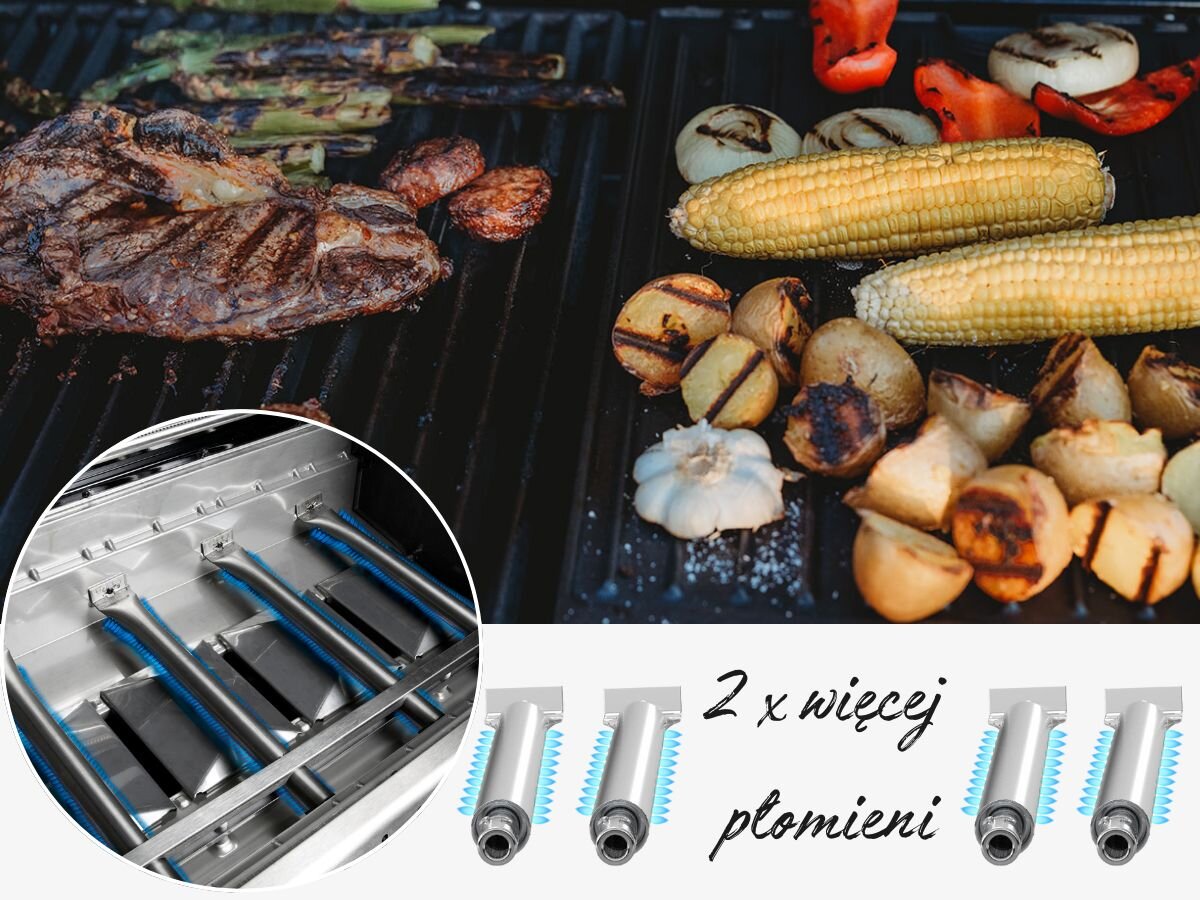 Na grillu znajdują się różne potrawy, w tym mięso, kukurydza i warzywa. Obok widoczny jest napis \'2 x więcej płomieni\' oraz zdjęcie palników gazowych.