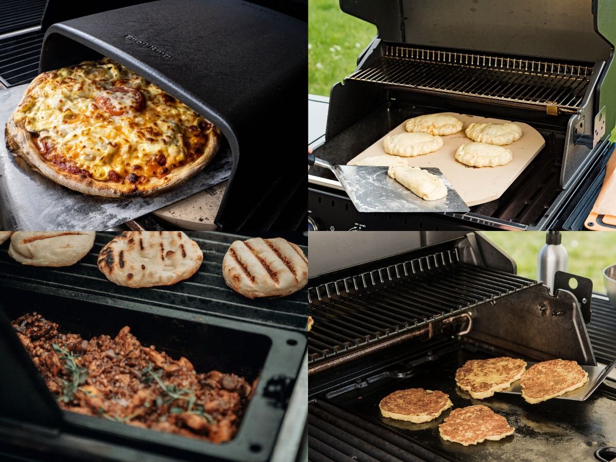 Na obrazie widać różne potrawy przygotowywane na grillu gazowym, w tym pizzę, pieczywo, mięso mielone i placki. Grill jest otwarty, a potrawy są umieszczone na ruszcie i kamieniu do pieczenia.