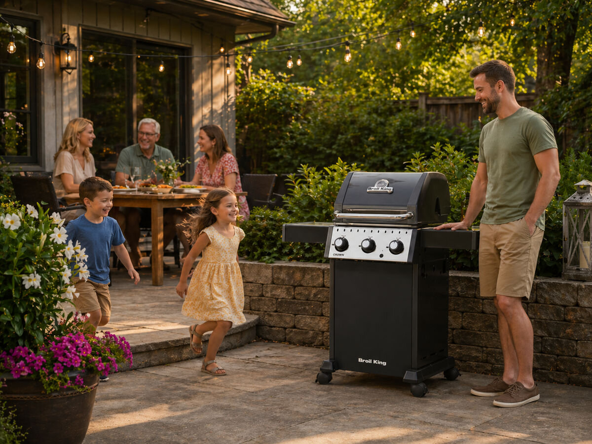 Grill gazowy BROIL KING Crown 310 8.8 kW 48 x 44 cm, grill, taras, balkon, aromat, Rodzinne spotkanie przy grillu w ogrodzie.