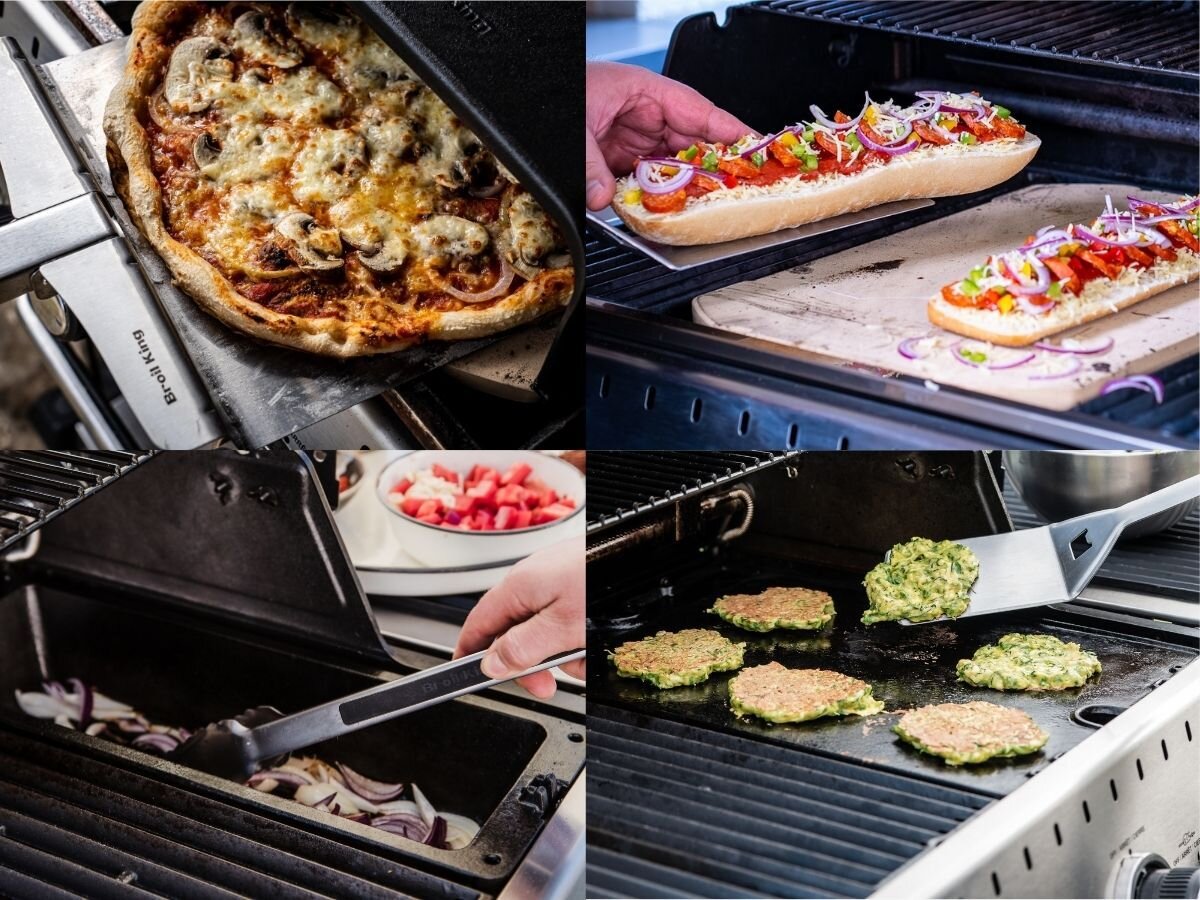 Grill gazowy BROIL KING Crown 310 8.8 kW 48 x 44 cm, pizza, kamień, wok, żeliwo, Różnorodne dania: pizza, bagietki i warzywa z grilla.