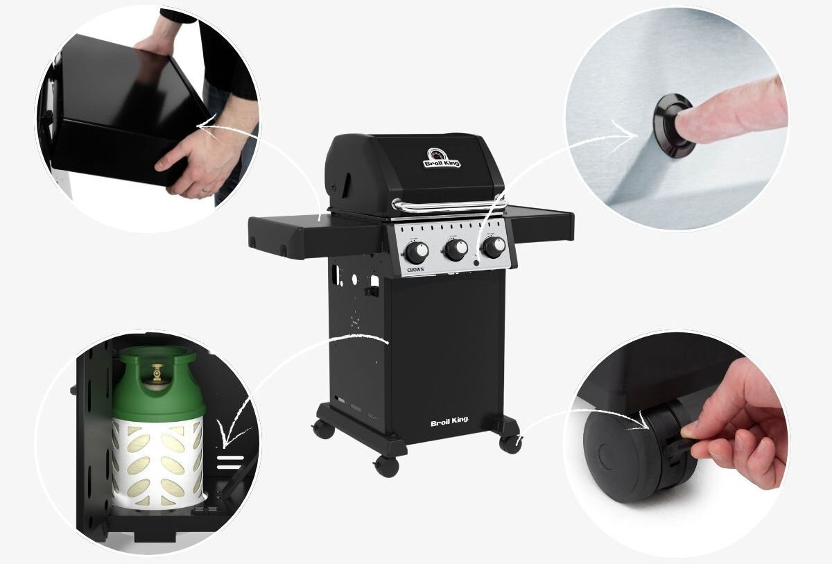 Grill gazowy BROIL KING Crown 310 8.8 kW 48 x 44 cm, półka, haczyk, szafka, kółko, Schowek na butlę, składane półki i koła z blokadą.