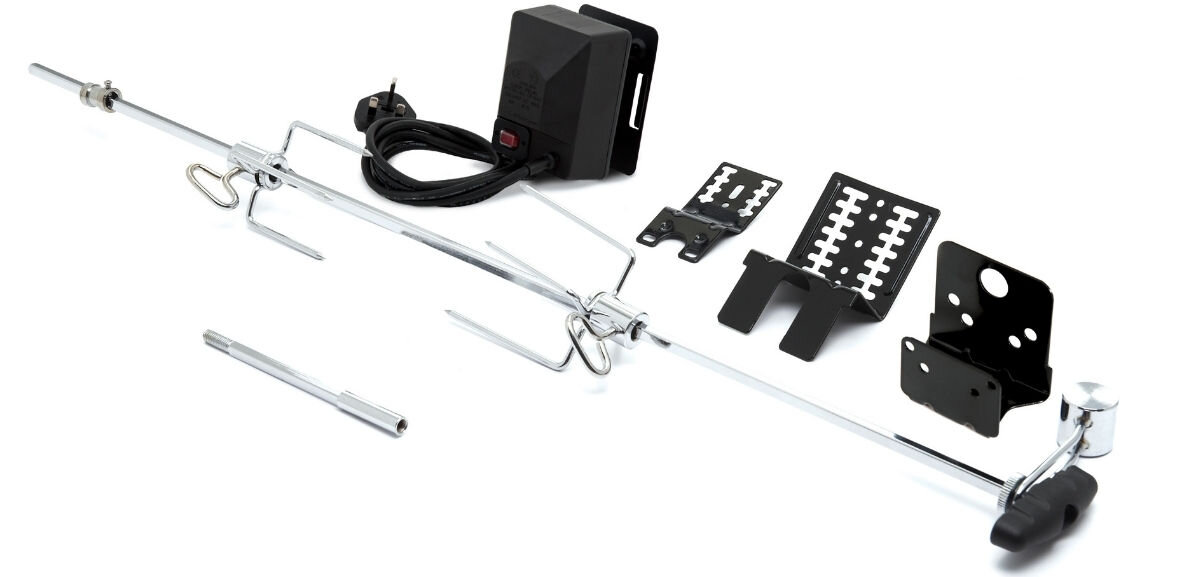 Rożen elektryczny BROIL KING 60522, pręt, długość, przedłużka, konfiguracja, Kompletny zestaw rożna z silnikiem i akcesoriami.