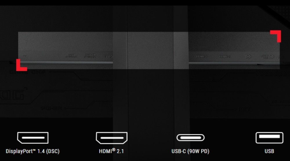 Monitor ASUS ROG Strix XG27ACDMS 26.5 cali 2560x1440px 280Hz 0.03 ms [GTG] Zbliżenie na panel portów monitora z widocznymi oznaczeniami DisplayPort 1.4, HDMI 2.1, port USB-C, z ikonami i podpisami umieszczonymi poniżej, porty, podłączenie, gniazda