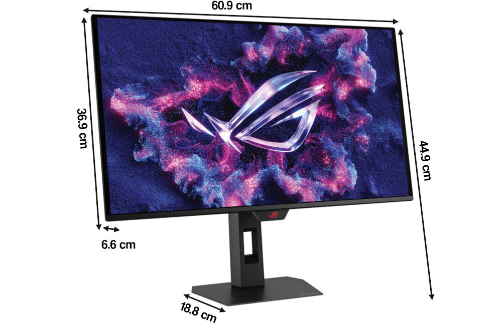 Monitor ASUS ROG Strix XG27ACDMS 26.5 cali 2560x1440px 280Hz 0.03 ms [GTG] prezentacja monitora na białym tle od przodu pod kątem z wymiarami elegancki design stabilność podstawa stabilność