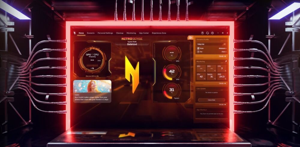 Ekran laptopa gamingowego Acer Nitro z interfejsem NitroSense logo duży żółty symbol N wyświetlacze temperatury GPU 42 stopnie 31 stopni System monitoring CPU wykorzystanie procesora karty graficznej czerwone pomarańczowe wskaźniki gauges tryb Balanced Daily Use panel sterowania wydajnością na ciemnym tle z efektami świetlnymi - NitroSense Experience Zone PurifiedVoice 