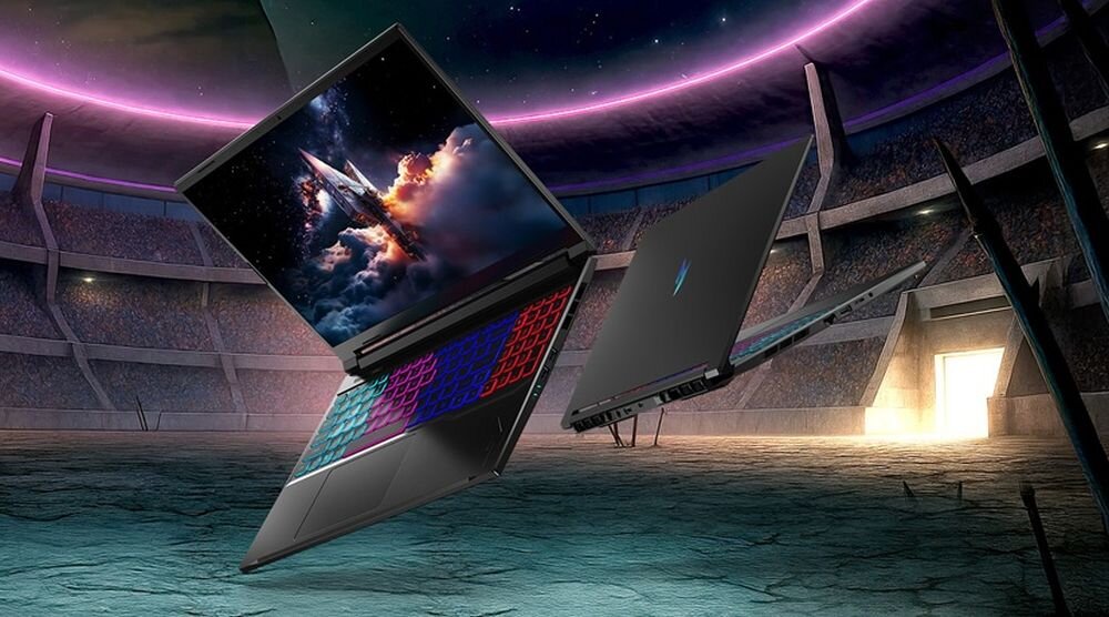 Dwa laptopy gamingowe Acer Nitro z RGB podświetleniem klawiatury lewitujące w przestrzeni na fioletowym różowym tle z efektami świetlnymi gra Overwatch 2 na ekranie logo NVIDIA GeForce RTX      