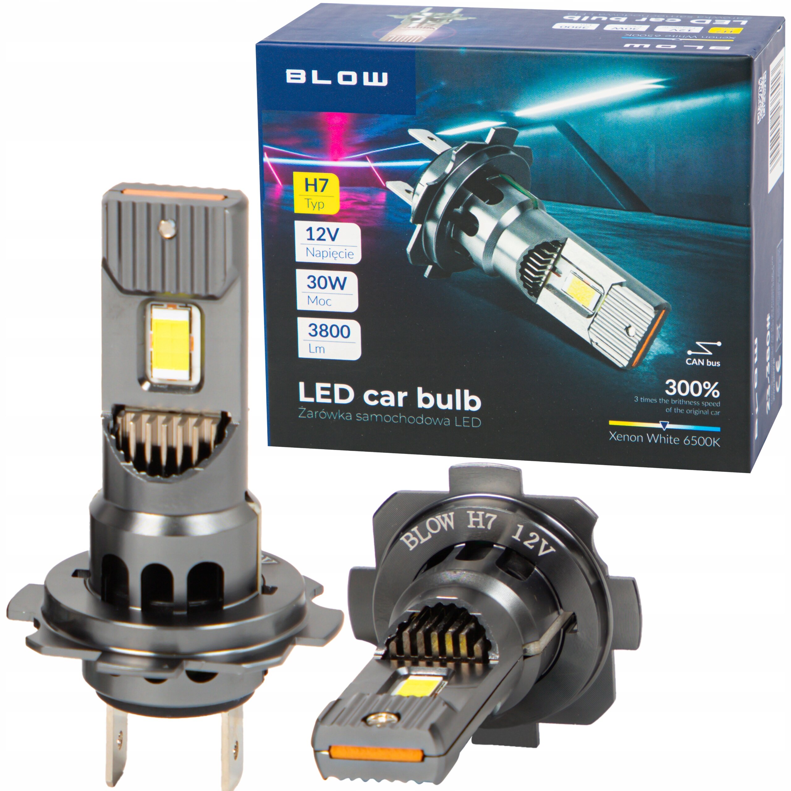 Na obrazie widoczna jest żarówka samochodowa LED oraz jej opakowanie z napisem \'BLOW\'. Opakowanie zawiera informacje: \'H7 Typ\', \'12V Napięcie\', \'30W Moc\', \'3800 Lm\', \'300% 3 times the intensity of the original car\', \'Xenon White 6500k\'.