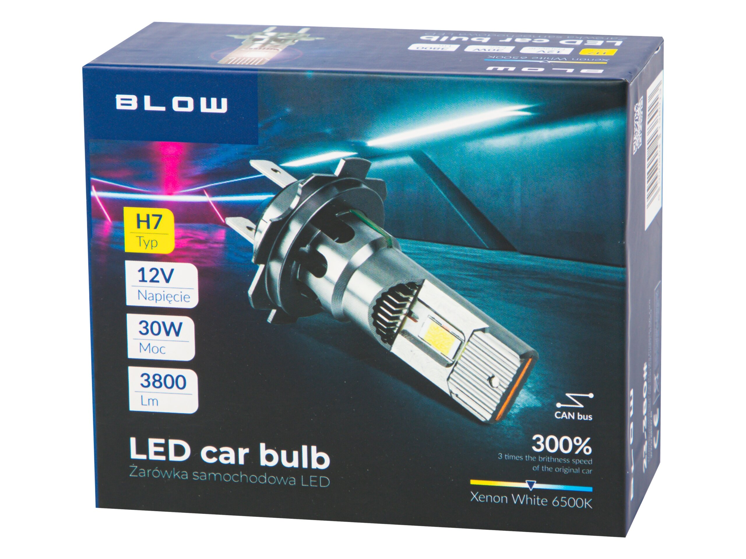 Opakowanie żarówki samochodowej LED z napisem \'BLOW\' i grafiką żarówki. Widoczne informacje: \'H7 Typ\', \'12V Napięcie\', \'30W Moc\', \'3800 Lm\', \'300% 3 times the brightness speed of the original car\', \'Xenon White 6500K\'.