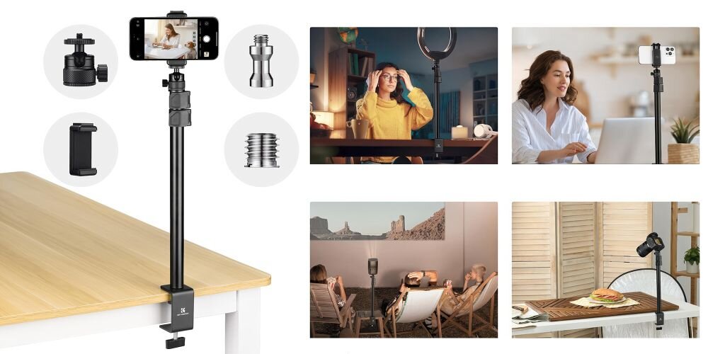 Statyw używany w różnych scenariuszach: nagrywanie przy biurku, wideokonferencja, projekcja i fotografia produktu