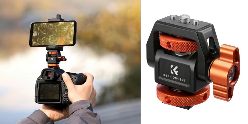 Po lewo męskie dłonie trzymają aparat fotograficzny, do niego przymocowany uchwytem MS-42 telefon. Po prawo sam uchwyt