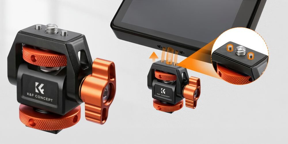 Grafika ukazująca sposób montażu czarno-pomarańczowego uchwytu K&F Concept MS-42 do monitora podglądowego