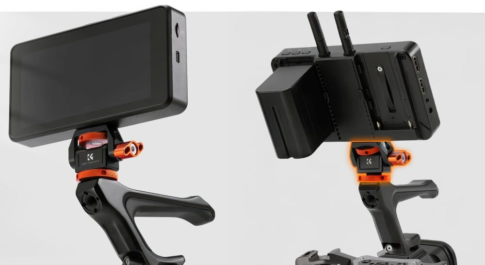 Dwa ujęcia uchwytu montażowego K&F Concept MS-42 przymocowanego do monitora podglądowego