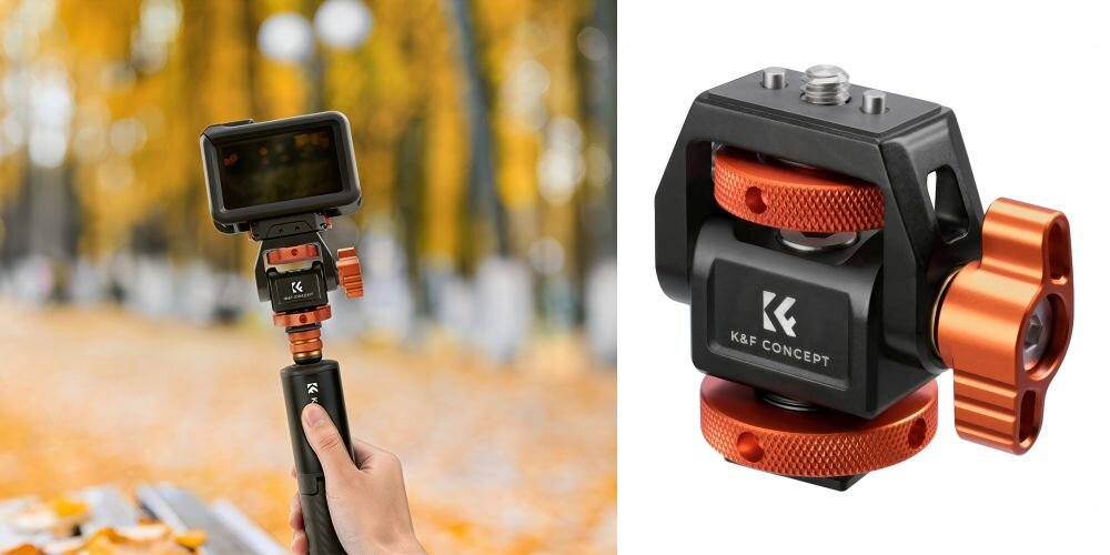 Po lewo monitor podglądowy przymocowany do selfie sticka za pomocą uchwytu montażowego K&F Concept MS-42 na tle parku