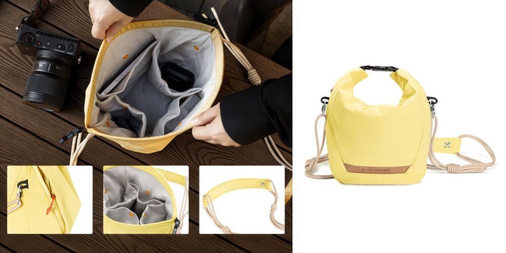 Kobieta z aparatem w ręku w przestrzeni miejskiej z żółtą torba K&F Concept Urban Wander Sling U11 5 l na ramieniu