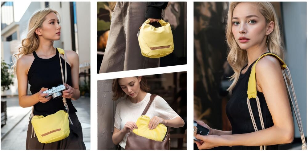 Po lewo zdjęcia szczegółów żółtej torby K&F Concept Urban Wander Sling U11 5 l – żółta. Po prawo 4 zdjęcia produktowe
