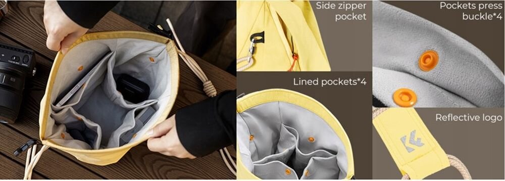 Kobieta m adrewniane ławce prezentuje rolowane zamknięcie oliwkowej torby K&F Concept Urban Wander Sling U11 5 l