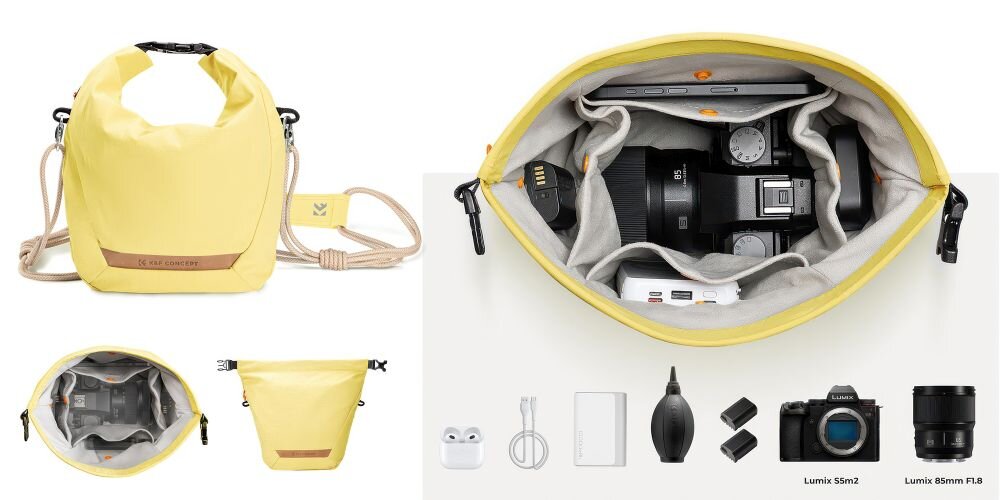 Torba K&F Concept Urban Wander Sling U11 od góry wyposażeniem. Pod torbą kilka przedmiotów, które można schować do torby.