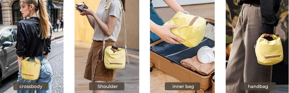 Zdjęcia kobiety w przestrzeni miejskiej z żółtą torbą K&F Concept Urban Wander Sling U11. Obok zdjęcia produktowe