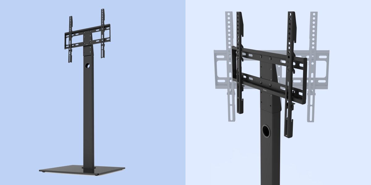 Stojak podłogowy HAMA do TV 32-65 cali z regulowaną wysokością - Wygodne dopasowanie, regulowana wysokość i obrotowa konstrukcja, elastyczność i komfort, stojak po skosie na niebieskim tle